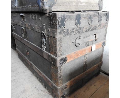 A large 19th century wooden and metal bound trunk, 93cm. Provenance: Hesketh estate, Sothebys