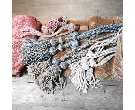 A collection of heavy curtain tie backs, together with various fabric pelmets