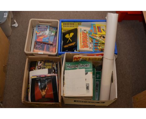 A collection of pop and sport memorabilia including motoring magazines plus some vintage comics.