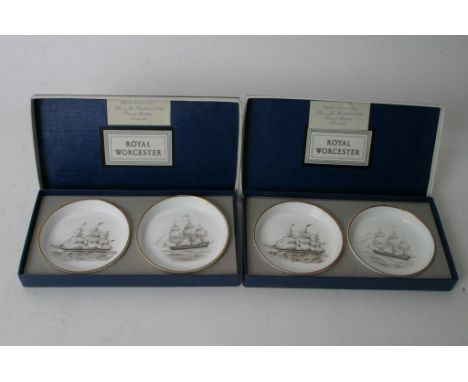  Two boxed sets of Royal Worcester dishes decorated with sailing ships and presented by Thos Brocklebank ltd the Cunard build