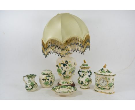 A collection of Mason's china items in Chartreuse pattern to include a table lamp, clock, ginger jar and other items.