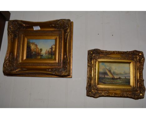 Two modern gilt framed pictures seascape and Venetian view