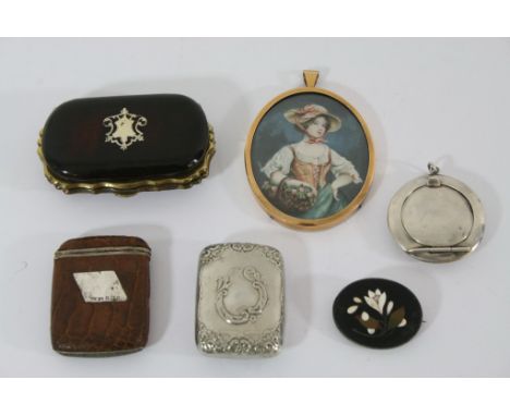 A bag of oddments comprising a silver snuff box, pill box and vesta, a portrait miniature  Victorian coin purse and hardstone