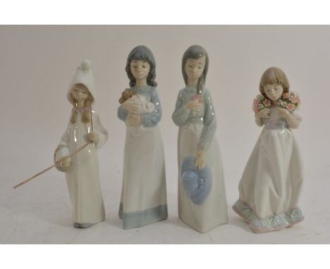Two Nao figures and two Lladro figures in the form of young girls 