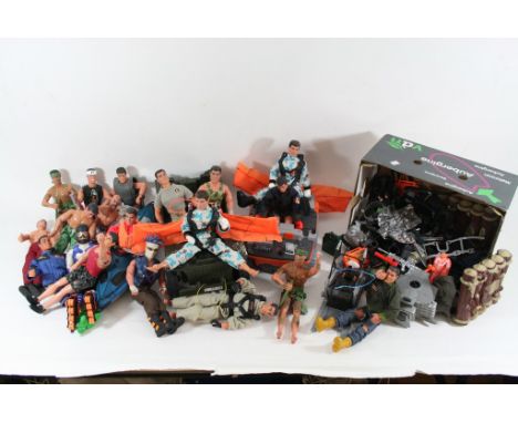 A Box containing a collection of 19 Action man figures,including 3 with brush hair,a Canoe,Jeep and Amphibian vehicle,togethe