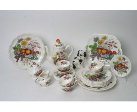 A Copeland Spode part tea service in Reynolds pattern, approx 18 pieces, together with a Staffordshire dog. 