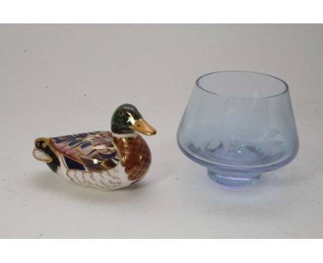 A boxed crown Derby paperweight of a duck and a Caithness vase.