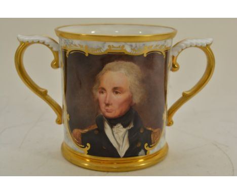  A Royal Worcester Spode twin handled mug, finely painted by Paul Stanleywith a portrait of  Admiral Lord  Nelson to one side