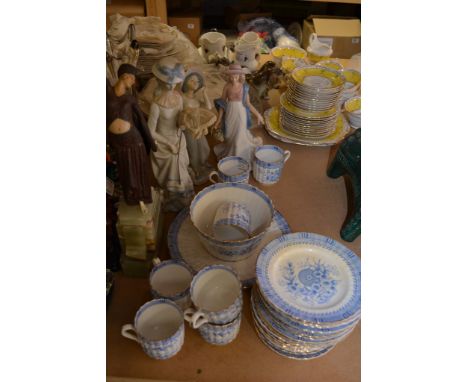  A collection of Lladro style fIgures and a decorative late Victorian blue and white dinner service and a reproduction Art De