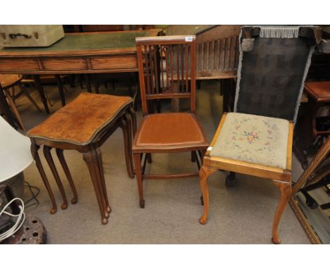 A nest of three Walnut occasional tables, Edwardian chair and a music stool with tapestry seat.