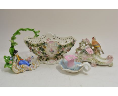 An ornate Victorian ceramic inkwell surmounted by a Goldfinch, a piercework basket, chamber stick and an Oriental style ornam