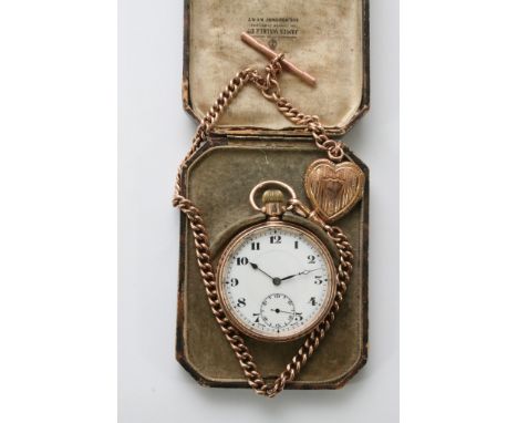 A 9ct gold cased button wind fob watch on gold chain with heart locket fob