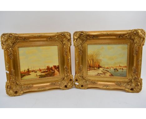 Two gilt framed oleograph type panel paintings depicting Dutch landscapes scenes, indistinctly signed. Approximately 44x45cm