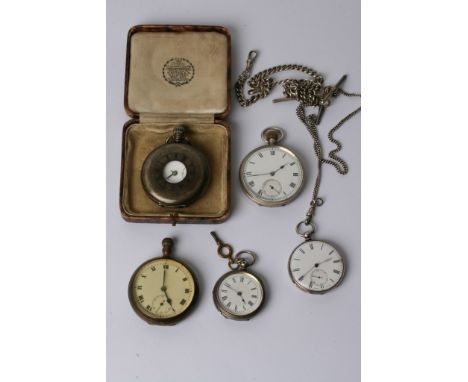 A collection of four silver case pocket watches and a gold plated watch