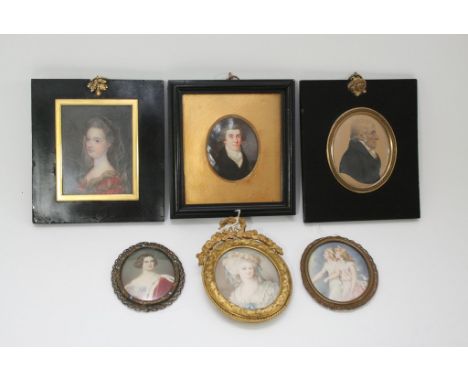 A collection of six framed Georgian and later miniatures including an ivory miniature portrait 