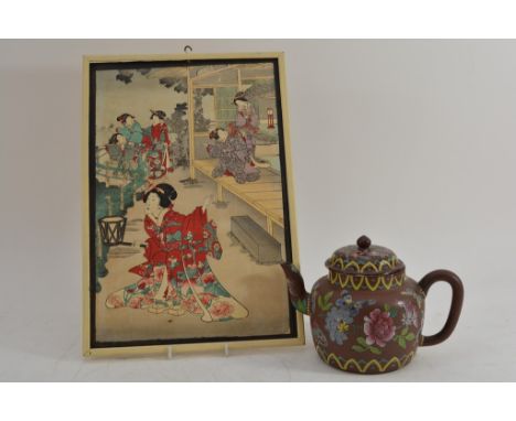 A Chinese terracotta teapot  with enamel decoration and a Japanese woodblock print