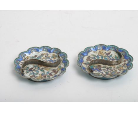 A pair of Chinese and silver enamel dishes decorated with birds and foliage. 