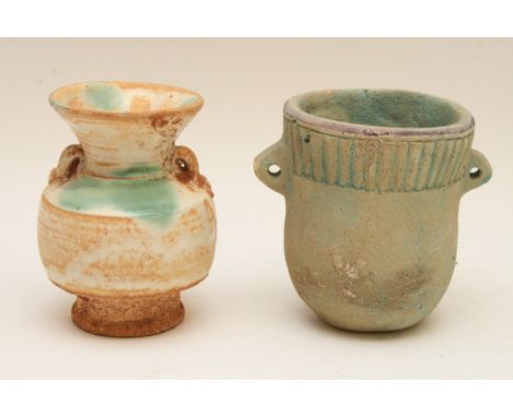 A 20th Century, Ancient Egyptian style jar with blue / green glaze and ribbed pattern below the rim and a Chinese style ceram