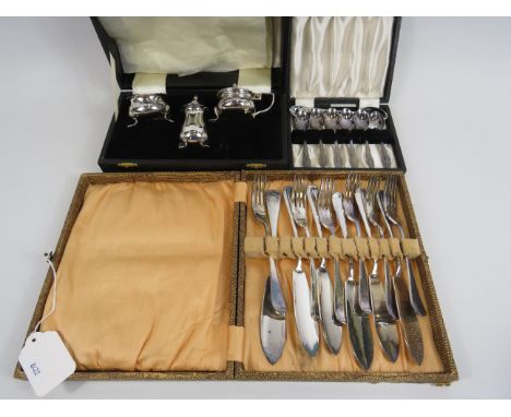 Silver plated cruet set, set of teaspoons and a fish knife and fork set.