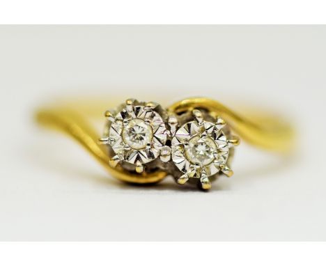 9ct Yellow Gold ring set with Twin Illusion set Diamonds of 0.05pts each.  Finger size 'O'   2.5g