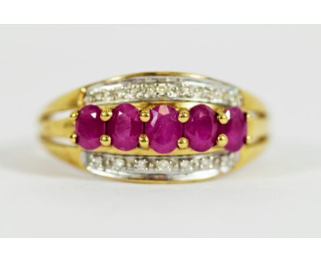 9ct Yellow Gold ring set with Five Rubies &amp; Diamond Set Ring.  Finger size 'Q-5 to R'   2.5g