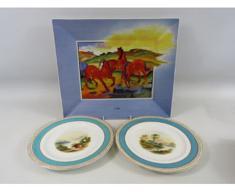 Artis orbis Goebel Limited edition large square plate decorated with horses plus 2 antique Minton style cabinet plates.