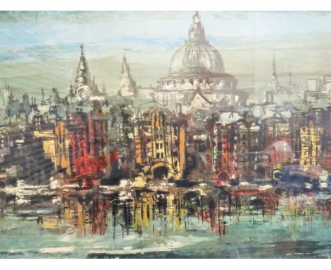 Large Lithograph of an impressionist interpretation of a Cityscape. Obscure Signature.   Framed under glass it measures 38 x 