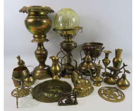 Large selection of various brass items including a plant stand, lamp etc.