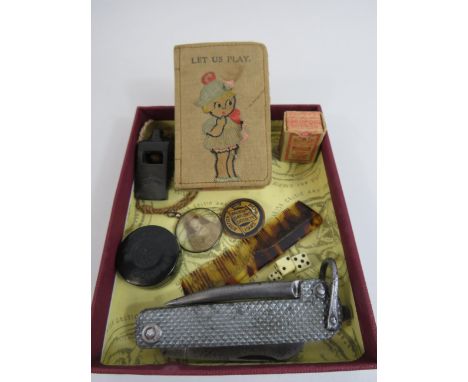 Mixed collectables lot to include a bakelite compass and whistle, penknife etc.