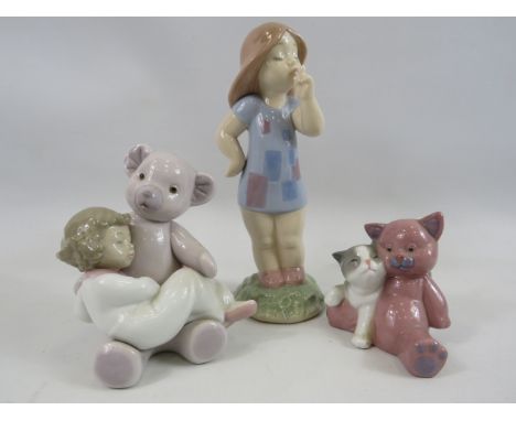 3 Nao figurines, Teddy bear with girl, Cat with teddy etc.