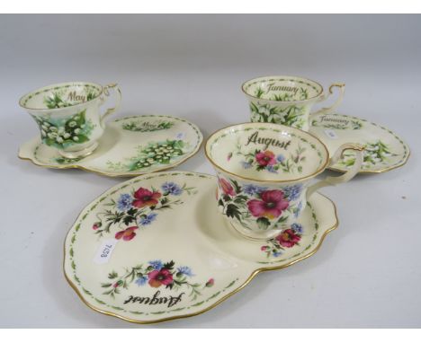 3 Royal Albert flowers of the month tennis cups and saucers.