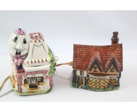 Novelty Desk / Bedside Lamps, Hand Painted Pottery, Humpty Dumpty, Mice In A Cottage &amp; Antique Store Miniature Pottery Ha