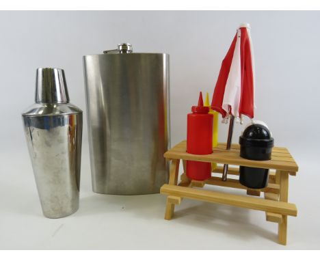 Mixed lot to include a large hip flask, cocktail shaker and a novelty condiment set.