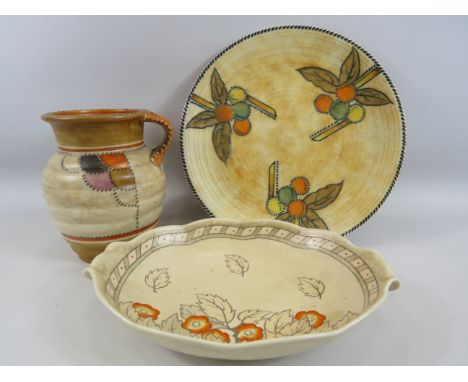 3 pieces of Charlotte Rhead style Crown Ducal art deco ceramics including a large charger.