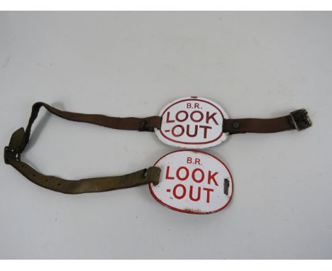 2 British rail enamel "look out" arm band signs.