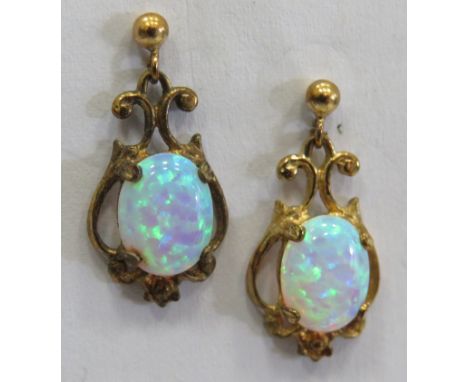 Pair of 9ct Gold Art Nouveau Style Opal set Drop earrings. Total Weight 2.2g
