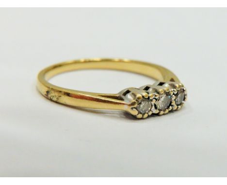 18ct Yellow Gold Diamond Trilogy Ring with White and Yellow Gold setting. Central Diamond 0.10pts, accompanying Diamonds 0.07