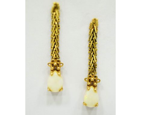 Pair of 9ct Gold Opal set Drop earrings . Each approx 25mm long. Total weight 2.0g
