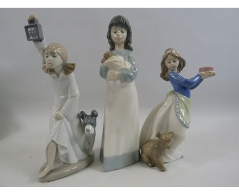 3 Nao Girl figurines with animals, the tallest measures approx 9".