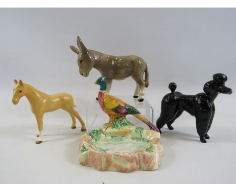 Beswick foal, poodle and pin dish plus a sylvac donkey figurine (pin dish is A/F)