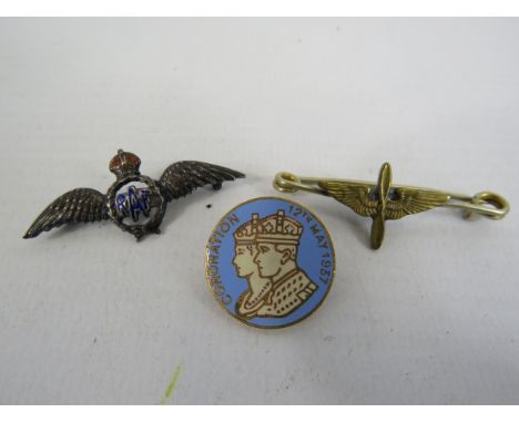 Sterling silver RAF badge, US airforce badge and a enamel coronation badge.