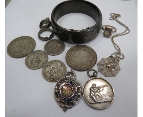 Mixed silver lot to include a Silver Bangle plus jewellery. Shooting Medals, Silver and enamel fob, pre 1947 UK coins. Total 