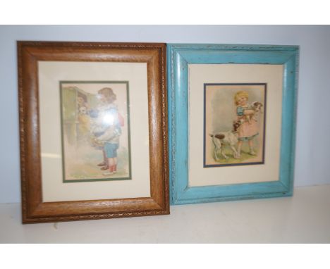 Pair of lithograph Victorian illustrations of children &amp; animals framed