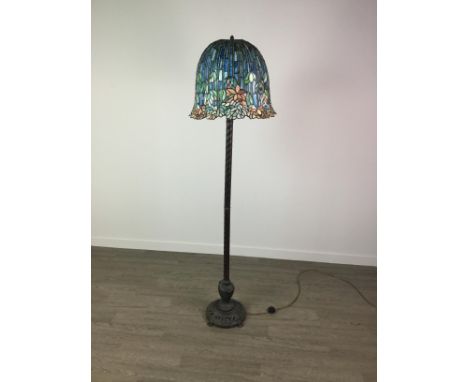STANDARD LAMP, with leaded glass shade in the manner of Tiffany, 160cm high