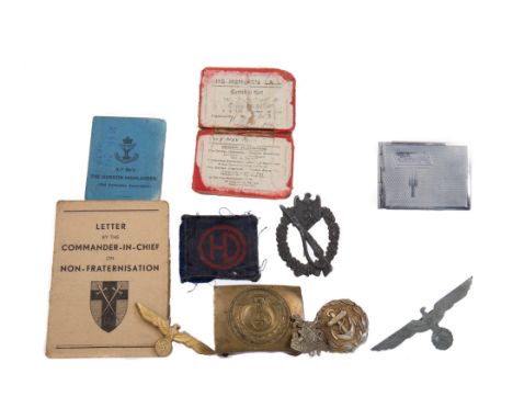 THIRD REICH STYLE BRASS BUCKLE, an Infantry Assault-type badge, two eagle motif badges, the smaller gilt example stamped 'A 4