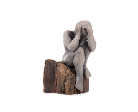 ANNE MORRISON DA, CONTEMPLATING LIFE a sculpture in ceramic and driftwood, signed 17cm high