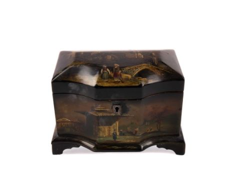 VICTORIAN LACQUERED TEA CADDY, with concave front panels, the whole decorated for the Turkish market, the hinged cover reveal