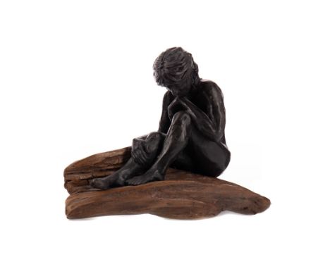 ANNE MORRISON DA, DEEP IN THOUGHT a sculpture in ceramic and driftwood, signed 27cm long