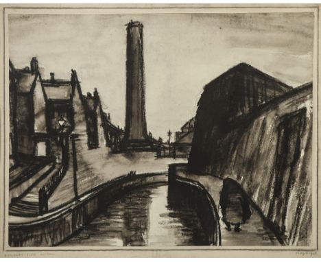 ATTRIBUTED TO THEODORE MAJOR (1908-1999)  MIXED MEDIA BLACK MONOCHROME DRAWING ON PAPER  'Douglas-Side, Wigan', bearing signa