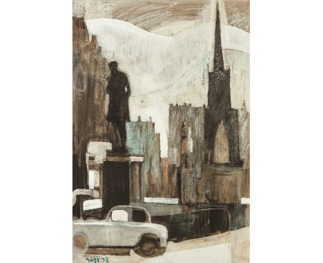•GEOFFREY KEY (b.1941)  MIXED MEDIA ON BOARD  'Albert Square, Manchester' Signed and dated (19) 72 lower left, 26" x 18" (66c